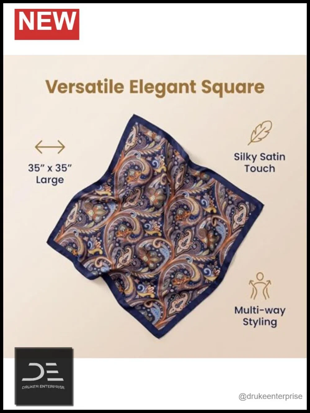 Large Paisley Silky Satin Square Head Scarf, Lightweight Soft Breathable